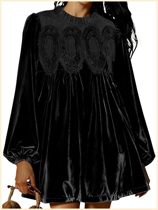 Dresses & Skirts - A-Line Velvet Lace Babydoll Mini Dress Scallop Neck Flared Swing Dress